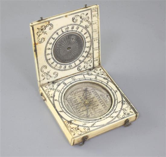 A 17th/18th century ivory diptych compass, width 2in.